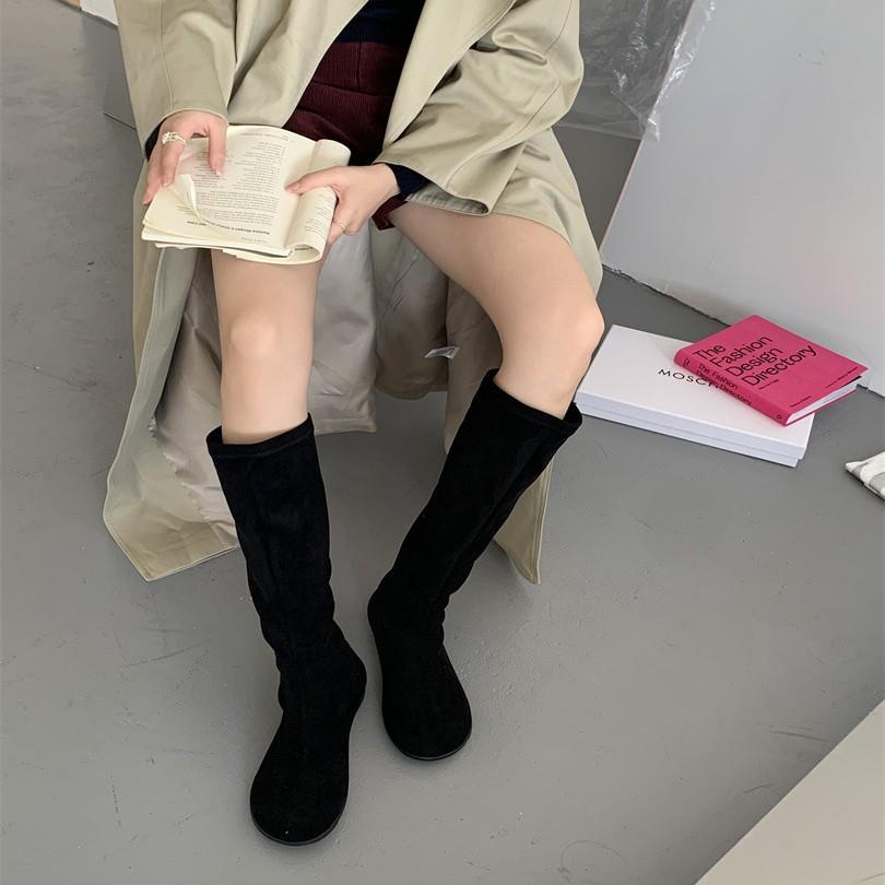 Suede Skinny Boots Fashion Boots Autumn and Winter 2025 New Round Head Long Cylinder Inner Height Increasing Stacking Boots European and American Cowb