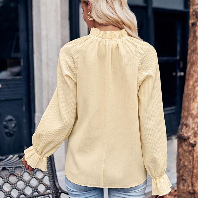 Fashion Long Sleeve Ruffled Stand Collar Elegant Shirts Women Spring and Summer Jacquard Loose Blouses for Women Casual Slim Fit Shirt Tops New 26501