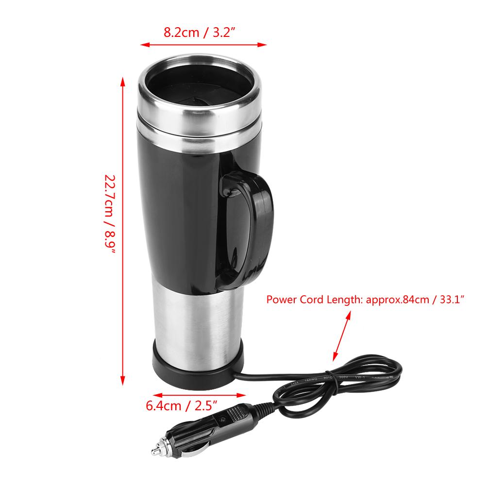 12/24V Vyhřívací hrnek, 450ml Auto Elektrický Nerezový Vyhřívací Hrnek Kávový Čajový Hrnek Černý na Zimní Cestování