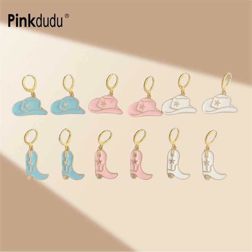 Pinkdudu Vintage Cowboy Hat Zinc Alloy Drop Earring Cute Glass Dripping Boots Hoop Earring Simple Trendy Earring PD2228