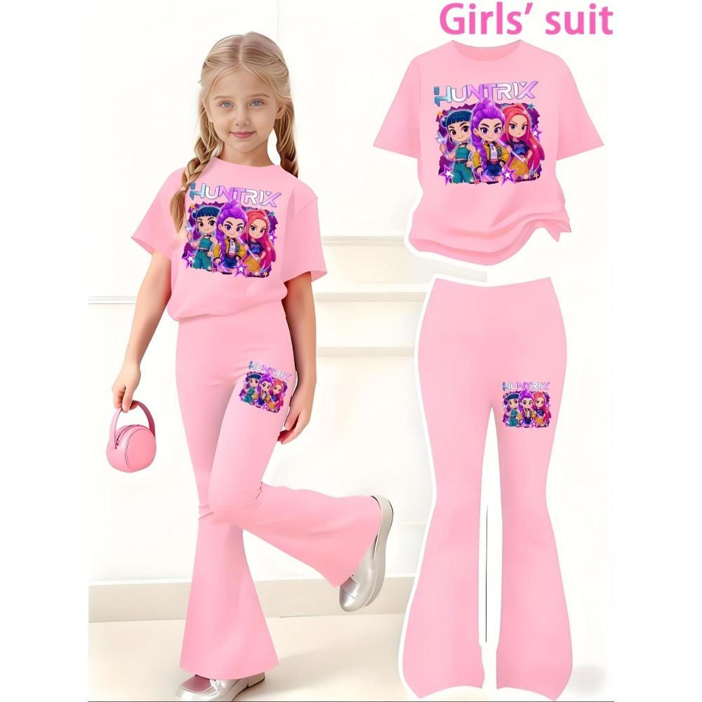 

Children s Clothing Kpop Hunter Girl Group Pattern Print 2-piece Set for Girls Casual Sports Short Sleeved and Flared Pants Set 160 рожевий