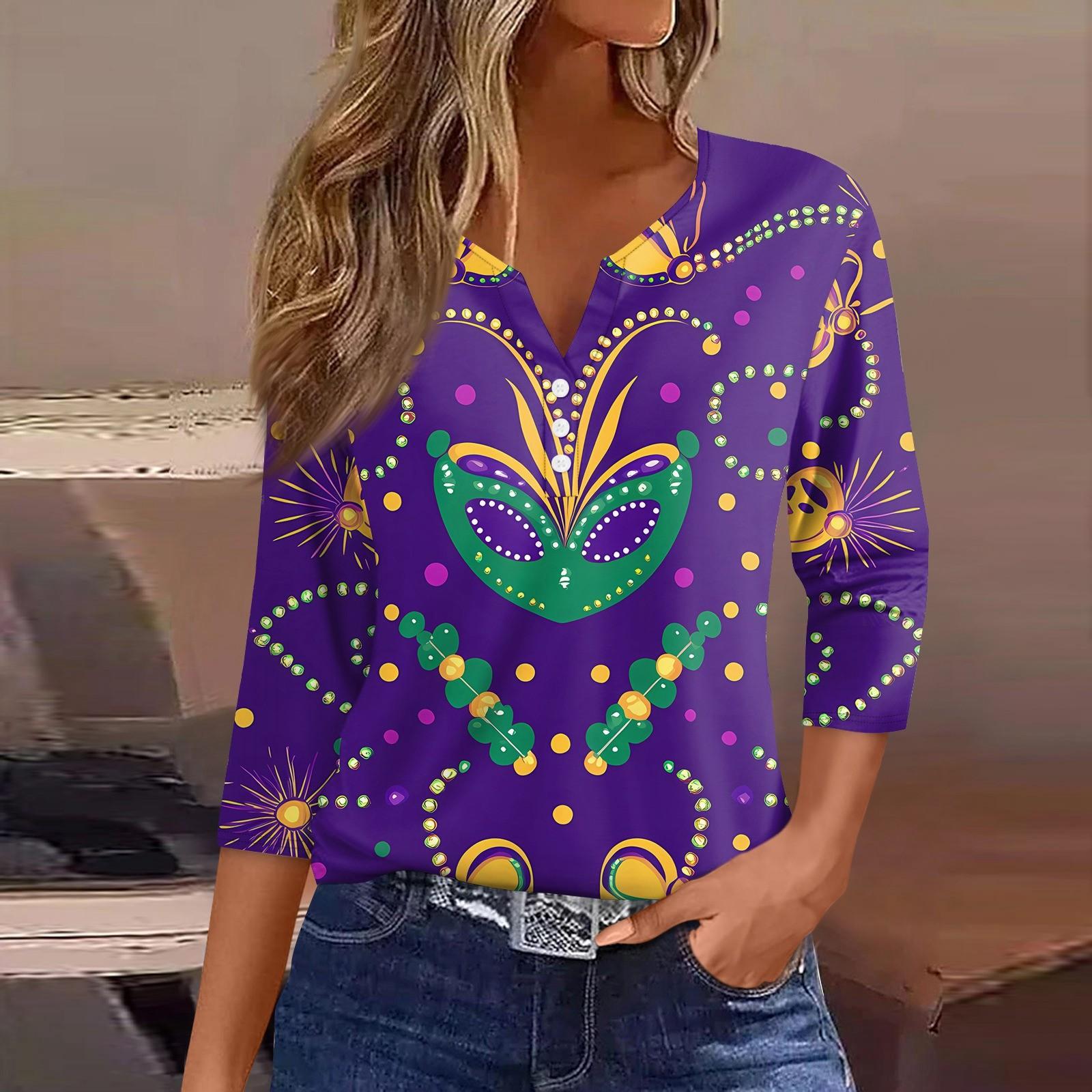 

Жен. Футболка С принтом Пуговицы Рукав 3/4 Повседневные Выходные Мода Классический Классический V-образный вырез Обычный Верх M фиолетовый