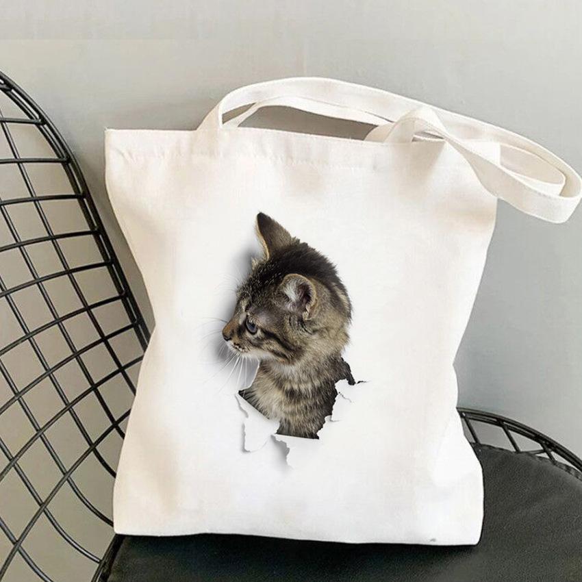 3D Realistic Cute Kitten Print Large Capacity Canvas Tote Bag for Students