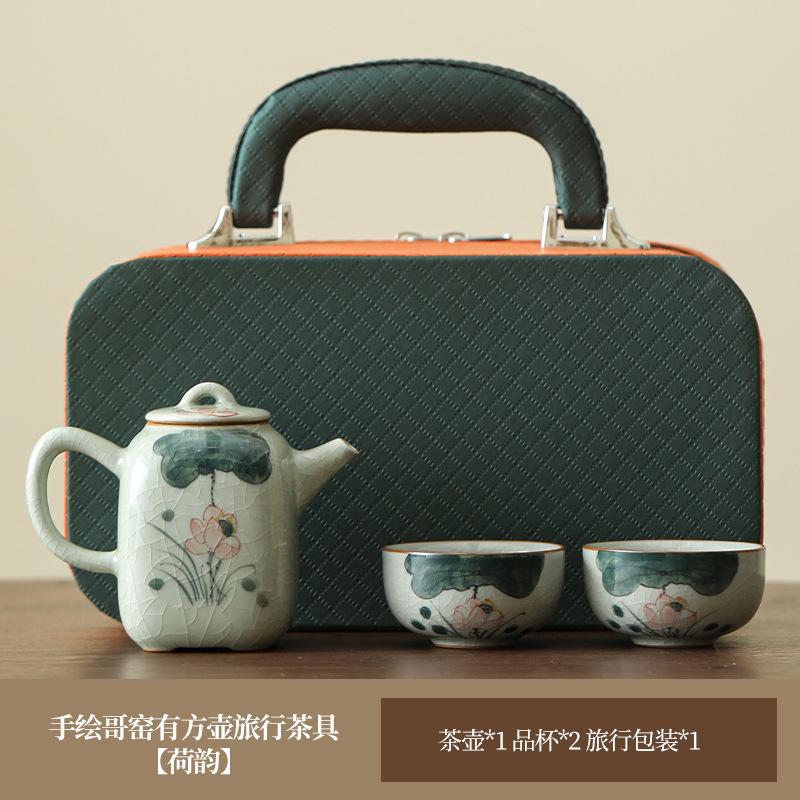 Hand-Painted Ge Kiln Travel Tea Set, High-End One Pot, Two Cups, Small Set, Portable Outdoor Kung Fu Teapot, Drinking Tea Cup