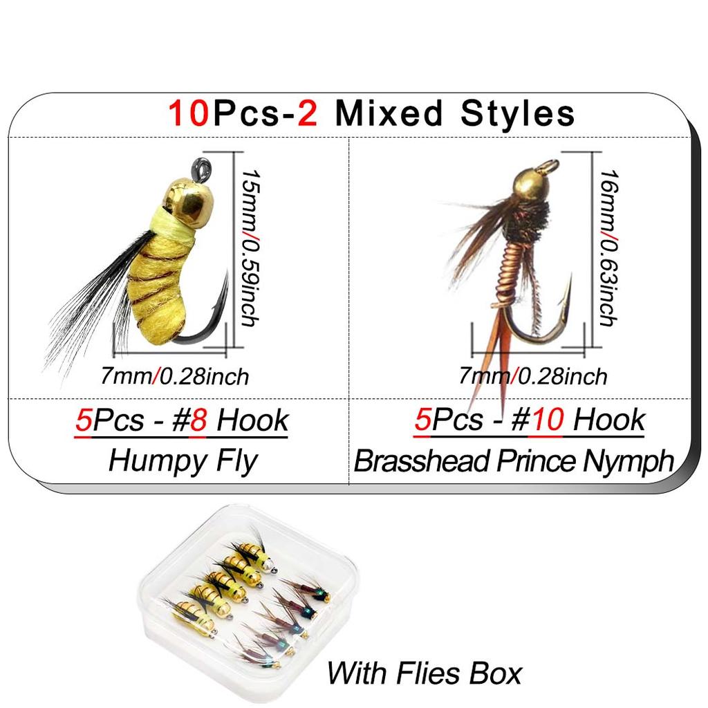 6/10 Stück/Box 2 Gemischte Stile Perlenkopf Schnell Sinkende Nymphenfliege, Humpy Fliege & Messingkopf Prinz Nymphe Angeln auf Forelle Künstlicher Insektenköder