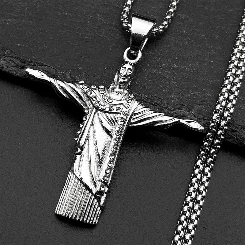 Christian Jesus Statue Rhinestones Pendant Necklace for Women Men Stainless Steel Gold Color Crucifix Chain Amulet Jewelry Gift