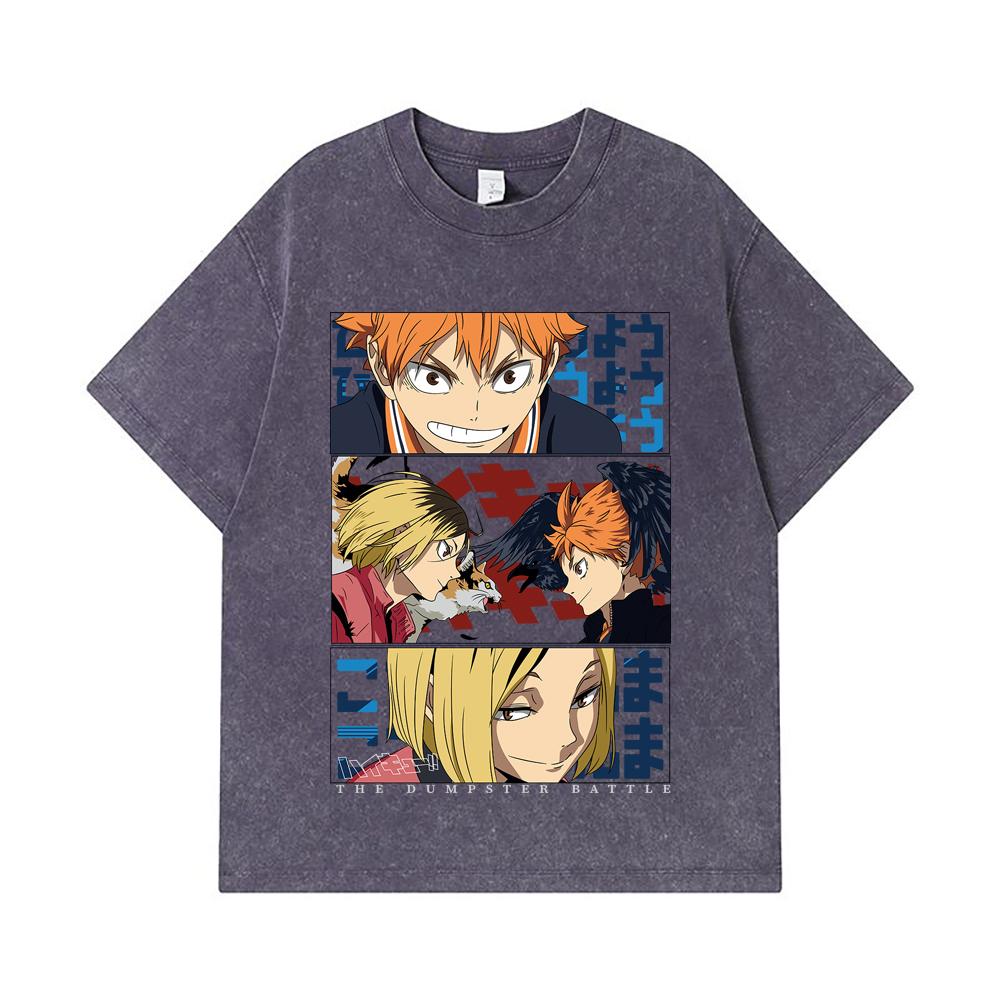 275 GSM Gewaschene T-Shirts 100% Baumwolle Haikyu V9 Mülltonnen-Schlacht Druck Unisex Schweres Baumwoll-T-Shirt
