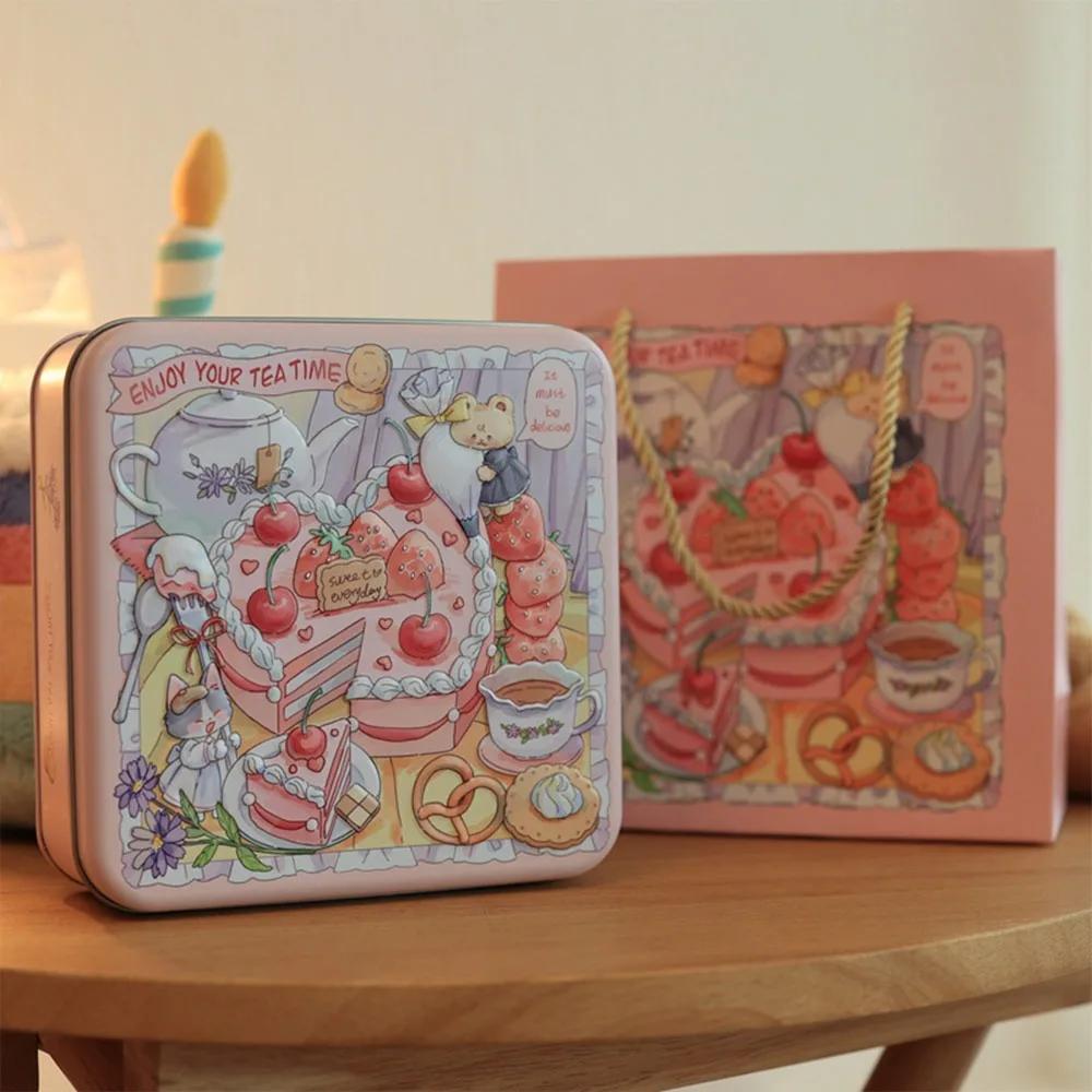Langlebige Cartoon-Hase Eisenbox Mehrfarbige Quadratische Kuchenverpackungsbox mit Deckel 17*17*6cm Süßigkeitenbox Geldaufbewahrung