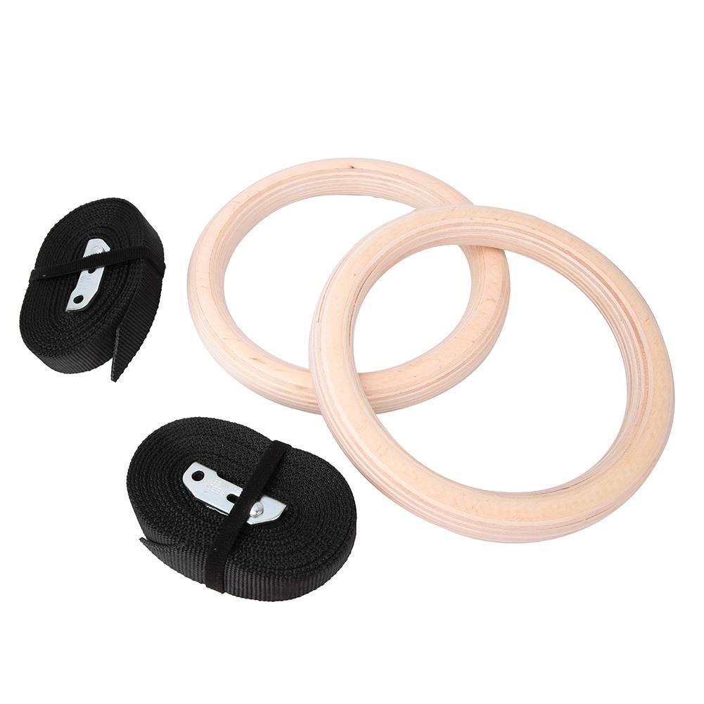 1 Pair Wooden Professional Gymnastic Rings Gym Fitness Strength Training with Polyester Straps