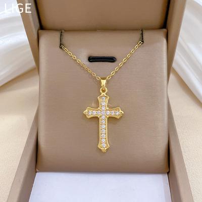 Acciaio Titanio, Croce Zircone Leggera Lusso Temperamento Splendido Collana Completamente Diamantata Femminile Versatile Catena Clavicola Acciaio Titanio