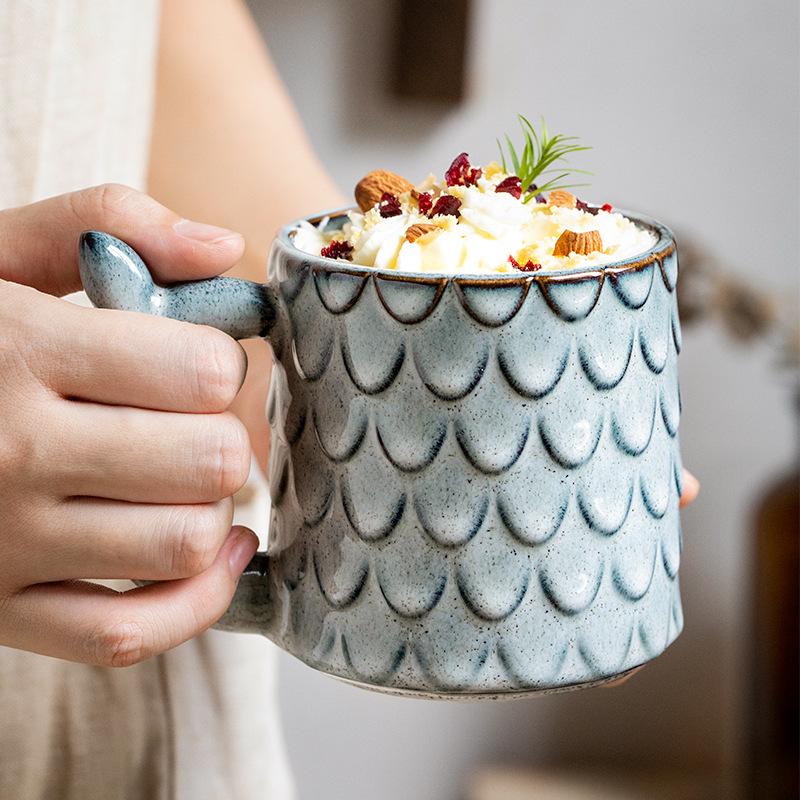 Embossed Design Mermaid Ceramic Cup Personalized Sub Retro Kiln Glaze Coffee Cup Export