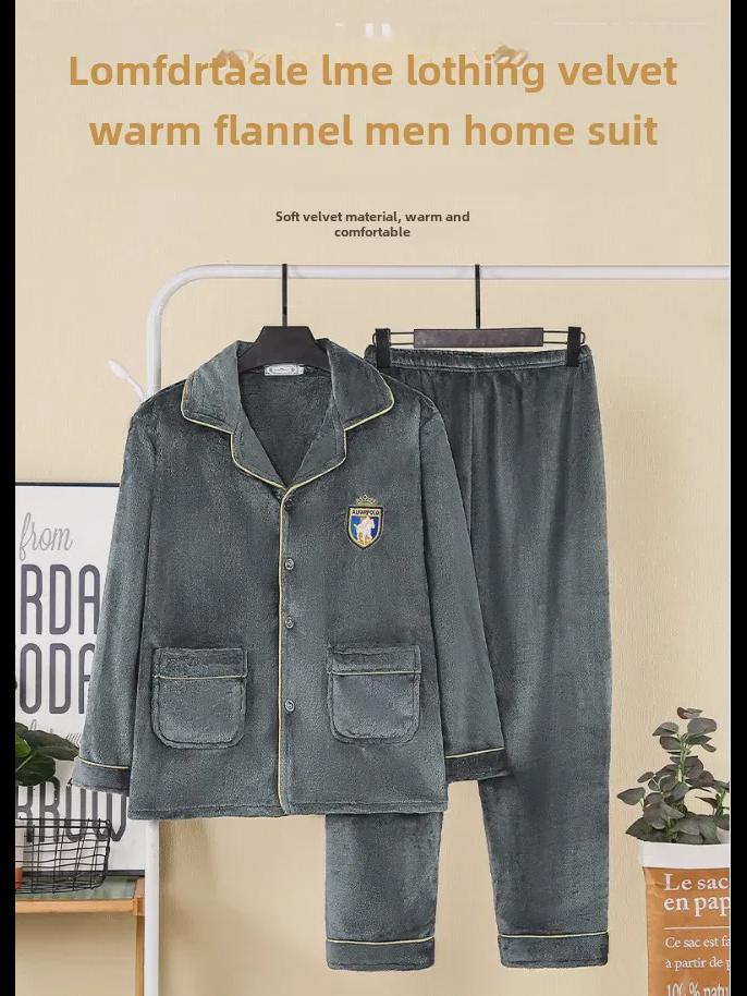 Flanell-Pyjama-Set für Herren: Langärmliger Revers-Cardigan und Hose, Übergröße, Herbst/Winter.