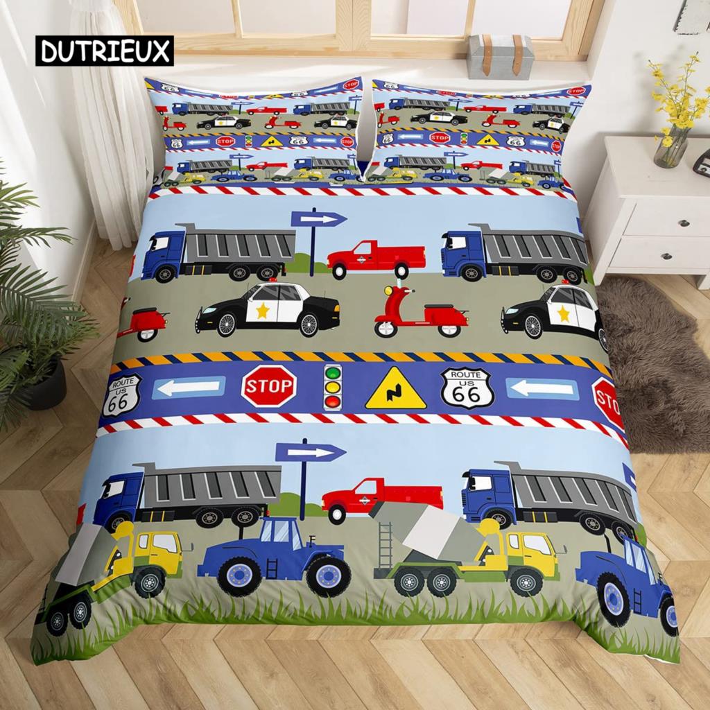 Kids Equipment Trucks Duvet Cover King Boys Cartoon Car Excavator Tractor Bedding Set Construction Highway Comforter Cover Set