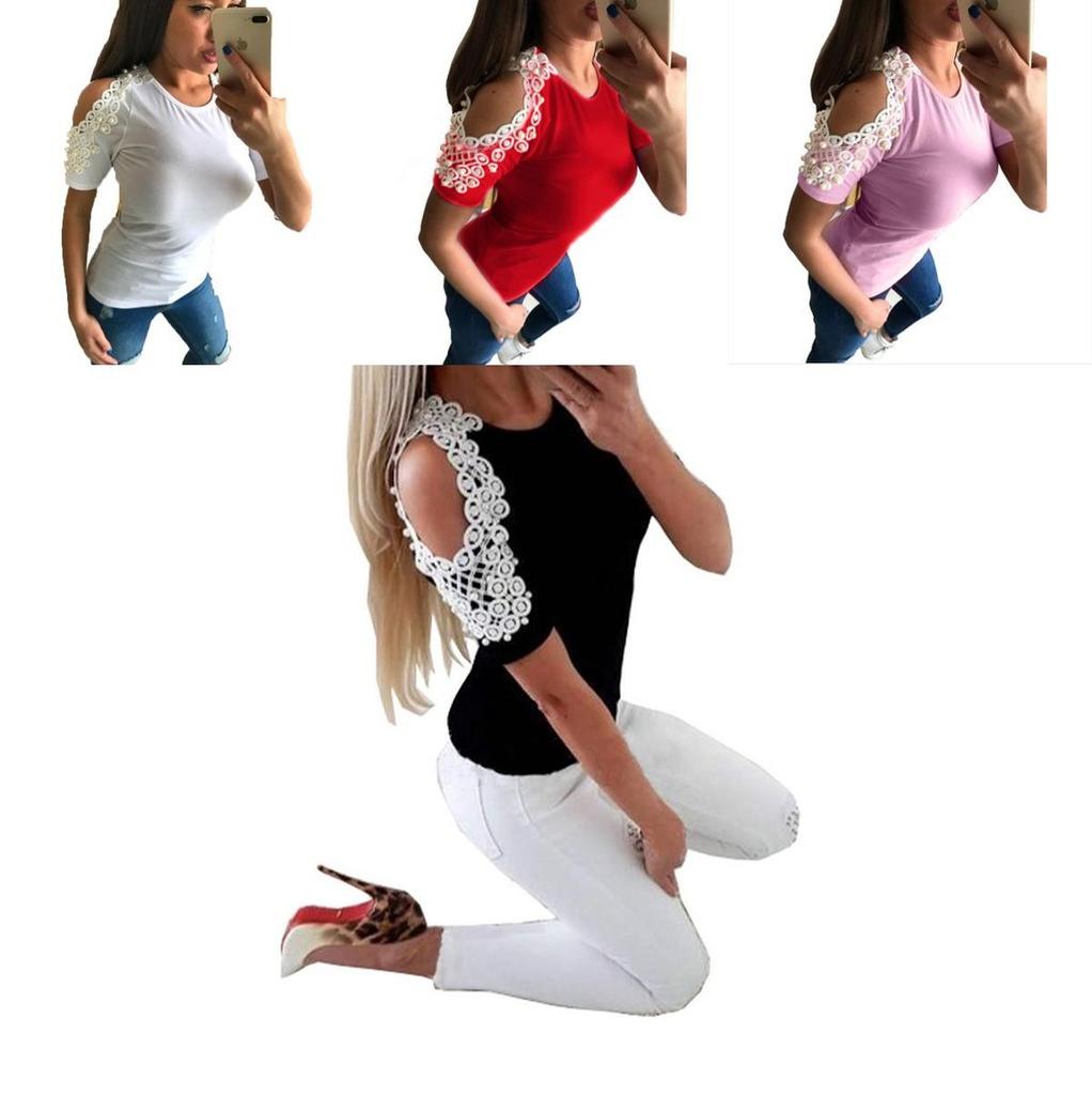 Trendy Women Short Sleeve Off Shoulder Lace Splice Blouse With Comfortable Fit