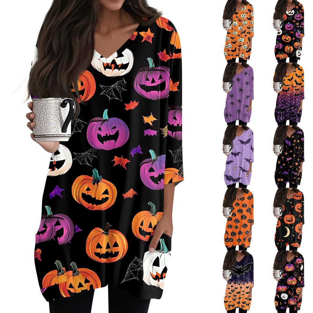 Womens Tops V-neck 3/4 Sleeve Blouses Casual Mid-length Shirts Fashion Halloween Print Tunic Tops With Pockets