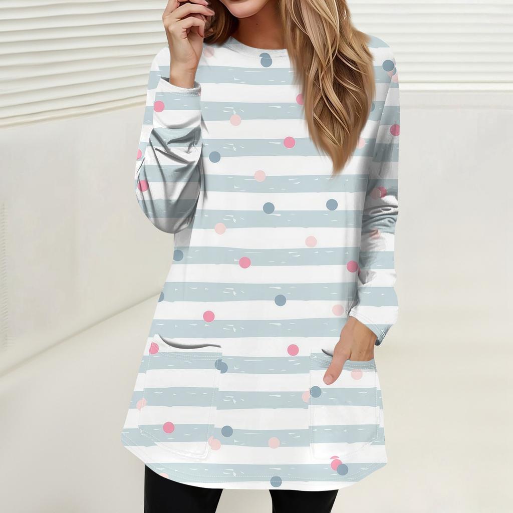 Women's Fashion Casual Pullover T-Shirt Round Neck Pocket Stripe Patchwork Printed Long Sleeve Top
