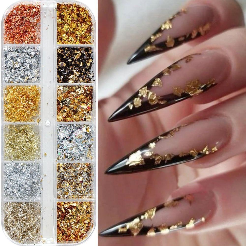 Holographic Nail Glitters Sequins 12 Grids Nail Art Flakes Nail Glitter Gold Foils  DIY Manicure