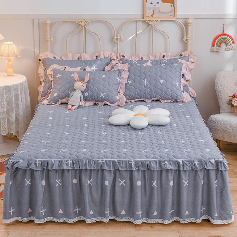 Thickened Pure Cotton Padded Bed Skirt Bedspread Cotton Padded Ruffle Edge Protection Non-slip Pillowcase Bedspread Cover