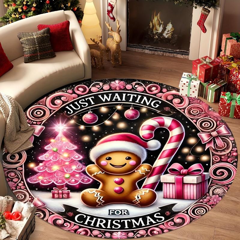Santa Claus Reindeer Fireplace Christmas Round Rug Winter Night Scene Printed Circular Floor Carpet Decoration