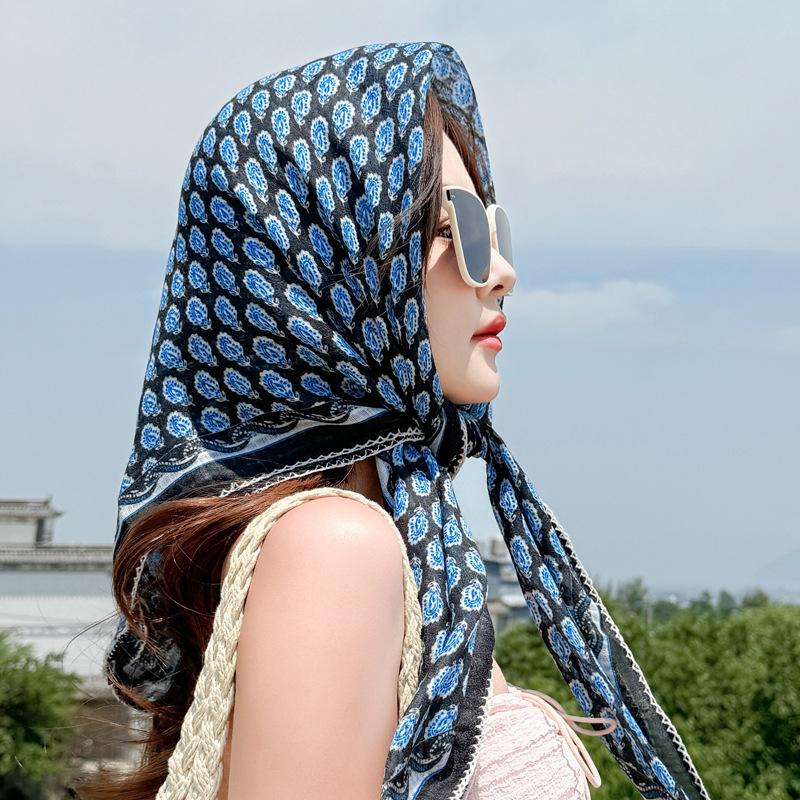 91CM large square scarf women's Japanese retro cashew flower cotton and linen silk scarf temperament lace thin sunscreen shawl headscarf