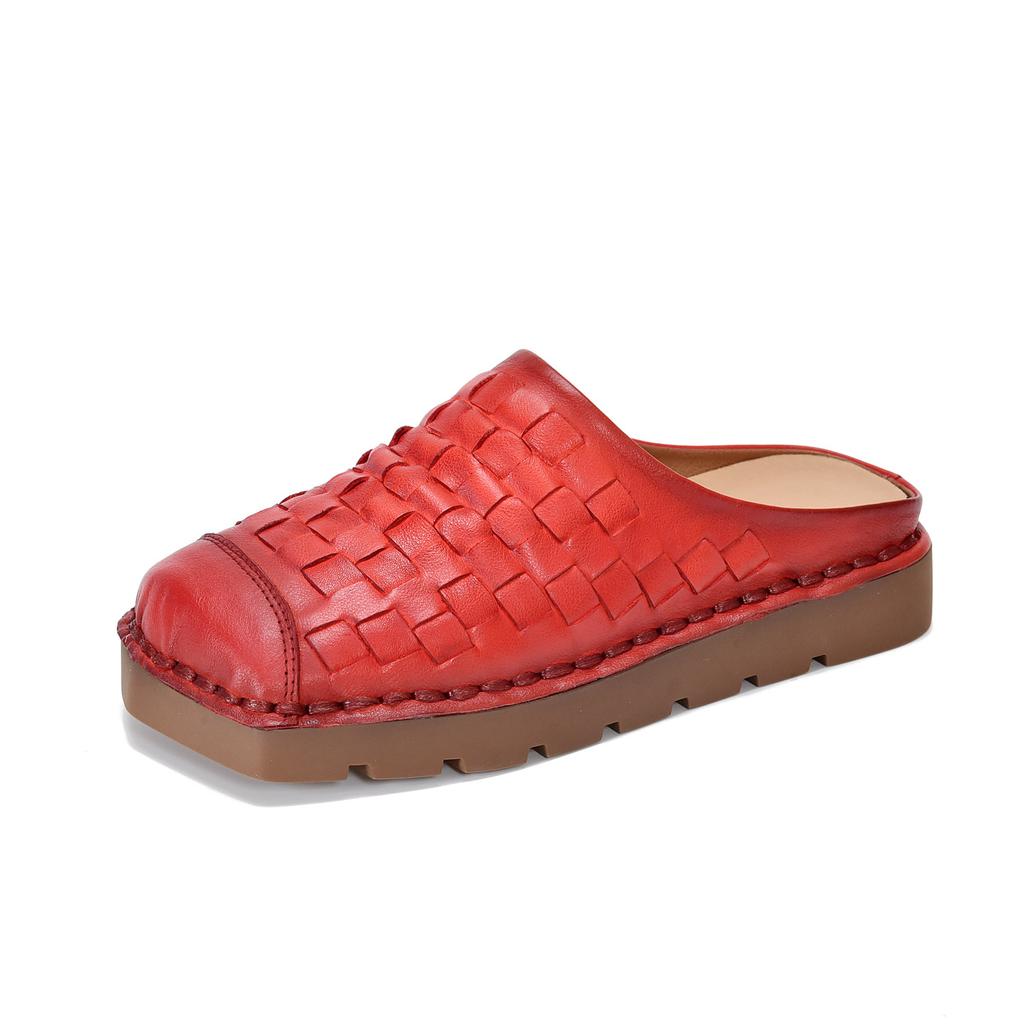 Johnature Genuine Leather Retro Weaving Square Toe Women's Slippers Versatile Outerdoor Flat Slip-on Shoes