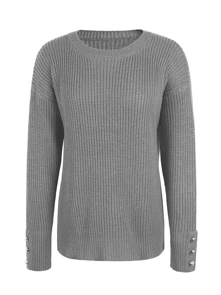 New Arrival Buttoned Women's Knit Sweater Loose Round Neck Casual Pullover