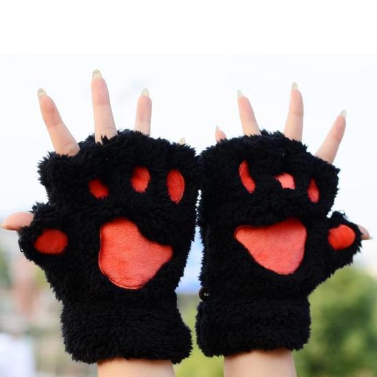 Women Cat Paw Gloves Cute Fuzzy Warm Half Finger Gloves Winter Plush Animal Paw Gloves for Girls Teens Cosplay Costume Parties Daily Wear