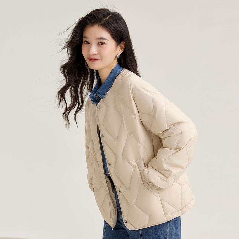 Rhombus Crew Neck Down Jacket Women's Short Autumn and Winter Fashion Outer Wear Casual Warm White Duck Down Top Jacket Tide