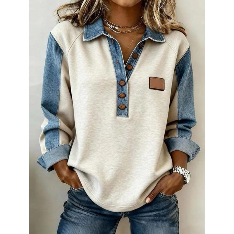 Women's Denim Patchwork Long Sleeve Top Denim Collar and Sleeves Color Block Button Placket Casual Loose Fit Shirt