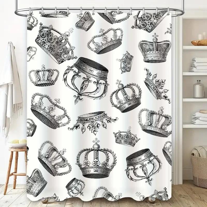Luxurious Crown Print Shower Curtain Royal Decor For Bathroom White Black Vintage Design Size 180X230Cm (70 X 90) Easy Installat