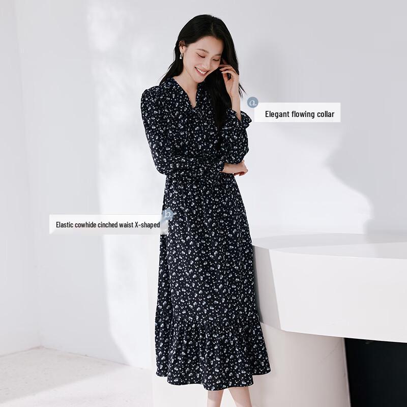 Xiangying French Style Blue Floral Long-Sleeve Dress