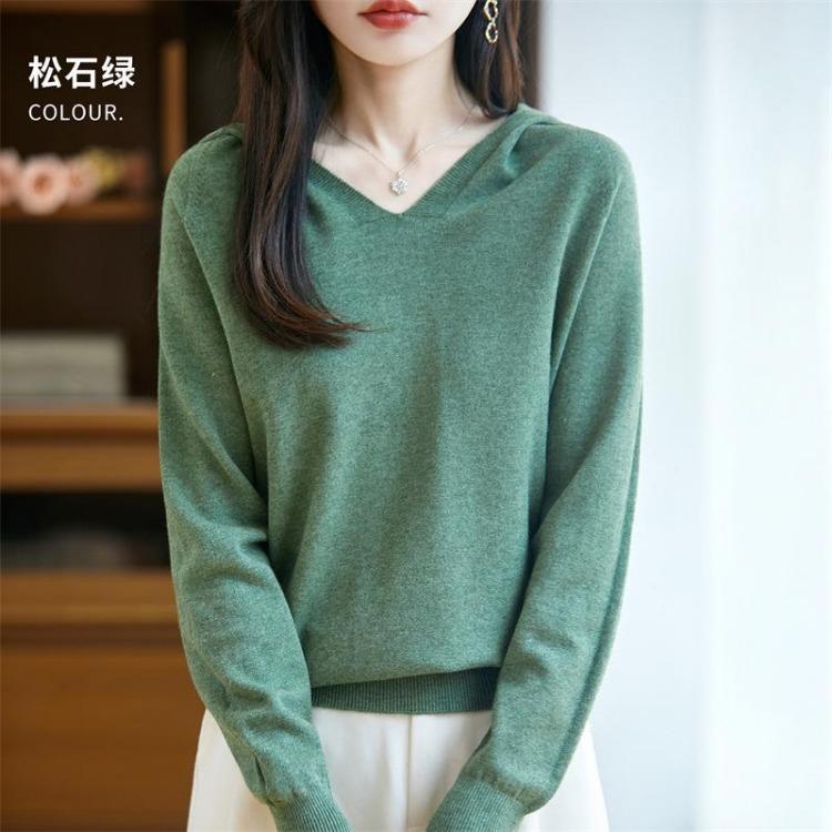 Warm V Neck Hooded Knitted Sweater for Women Autumn Winter Hoodie Sweater