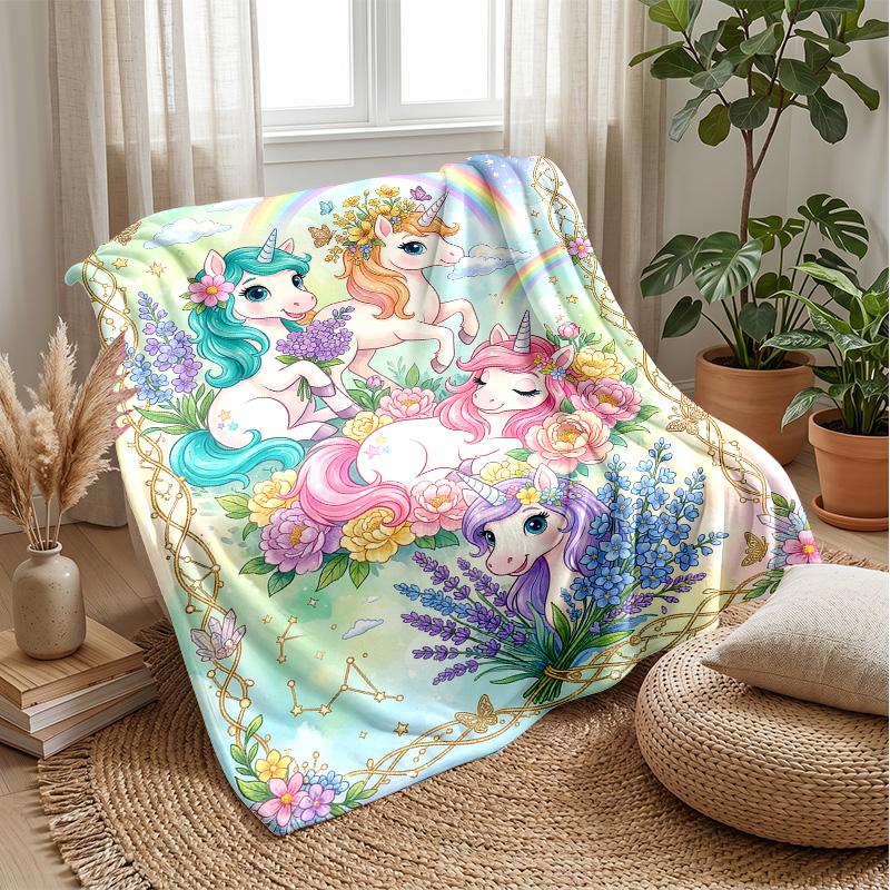 Fantasy Unicorns and Balloons Theme Blanket Lightweight Warm Flannel Blanket Decorative Throw Blanket for Home Decoration