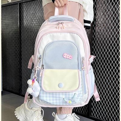Backpack Dopamine Color Block Preppy Large Capacity School Bag for Grades 3-6 Girls Middle High Students Travel