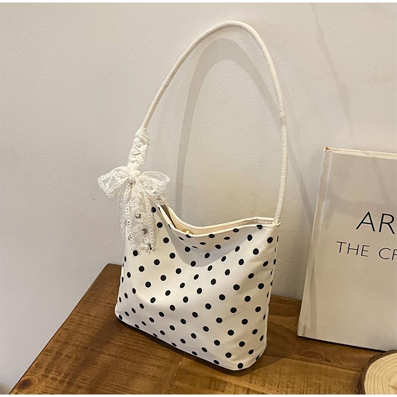 Polka Dot Nylon Shoulder Bag Cute Lace Bow Decor Casual Hobo Bag Lightweight Daily Purse Handbag Vertical Square Underarm Bag