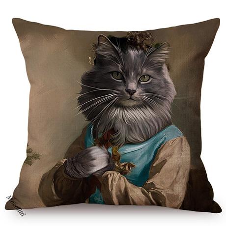 Cat Funky Portrait Style Sofa Decorative Throw Pillow Case Gentleman Animal Oil Painting Art Cotton Linen Cushion Cover Cojines