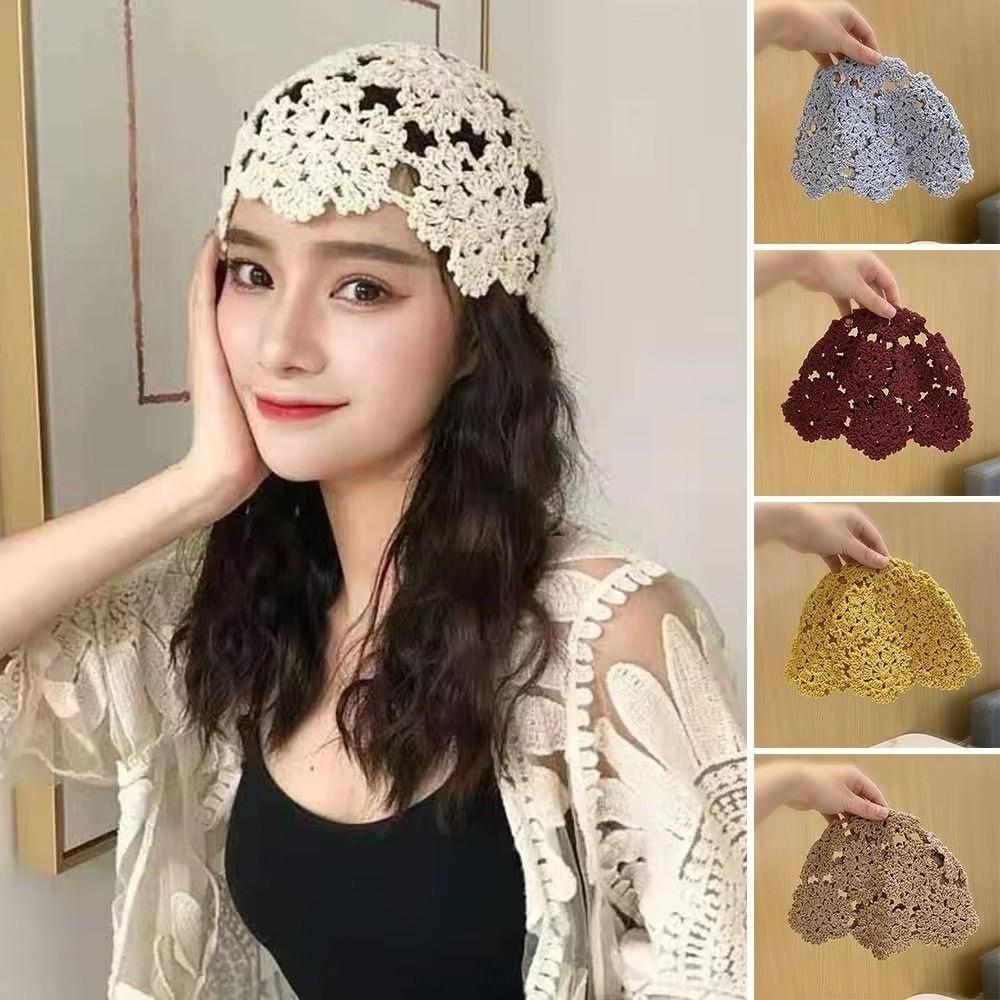 Solid Color Knit Skullies Caps Hollow Beanies Cap Casual Crochet Flower Hat Ladies