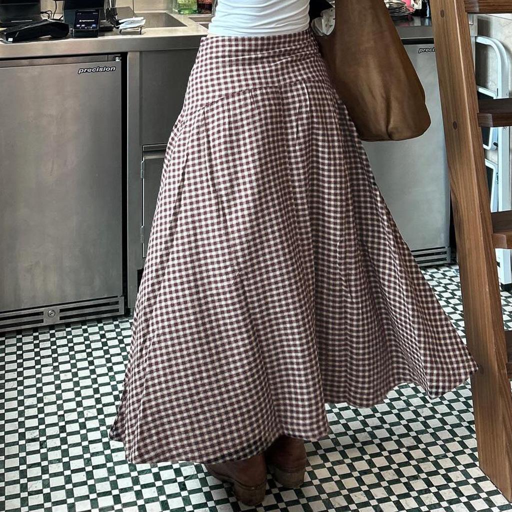 Gonna Lunga a Quadri Vestibilità Slim Fit Pastorale Europea a Vita Bassa - Comoda, Casual, Stile Fanciullesco.