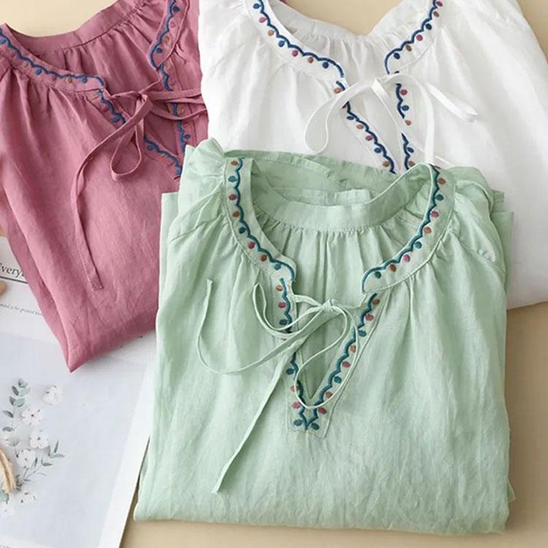 White Embroidery Three Quarter Sleeve V-Neck Pullover Loose Women's Blouse Shirt Casual Linen Female Clothing Tops Fashion