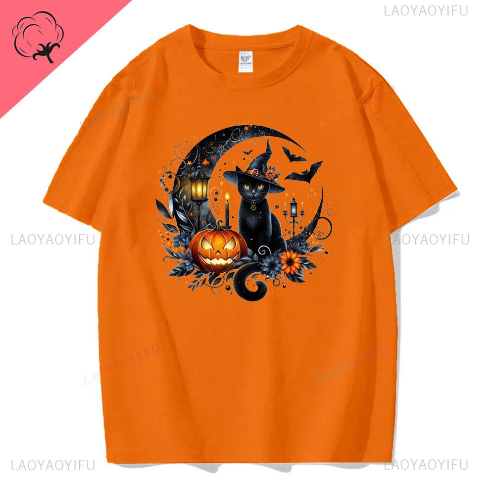 Jack Lanterns  Women Ghost Pumpkin Bat Skeleton Print Round Neck Pullovers Cotton Shirt Graphic T Shirts Y2k Top Harajuku Tops