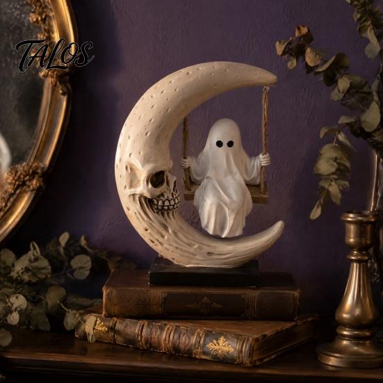 Gothic Room Accessories Halloween Ghost Swing Figurine, Spooky on A Moon Statue, Window Display Decor Resin Home Decoration for Desktop, Mantel,