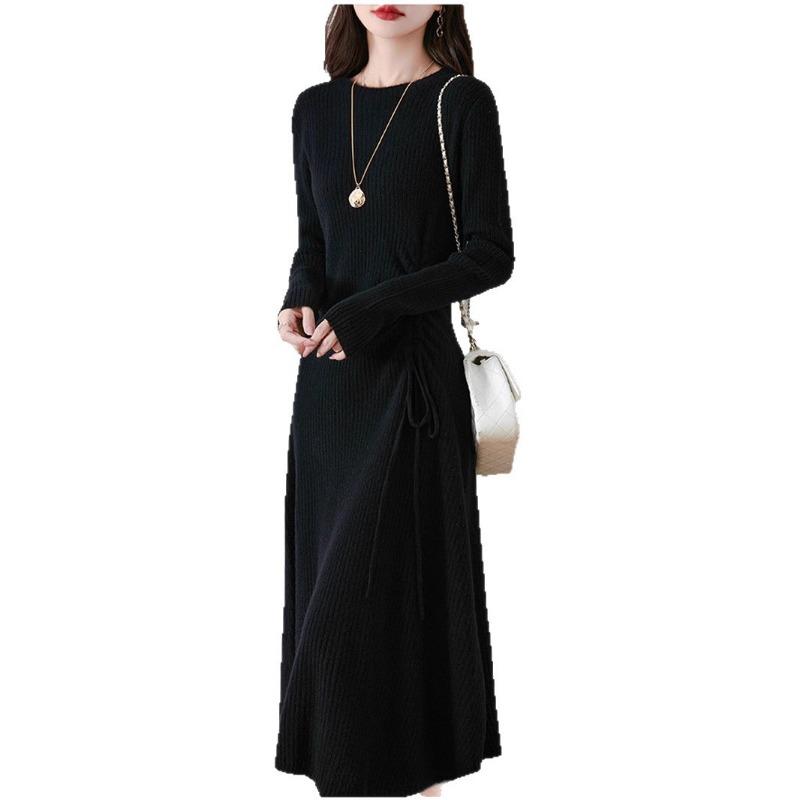 Autumn and winter new drawstring slim and thin medium and long sweater skirt femininity inner backing knitted dress