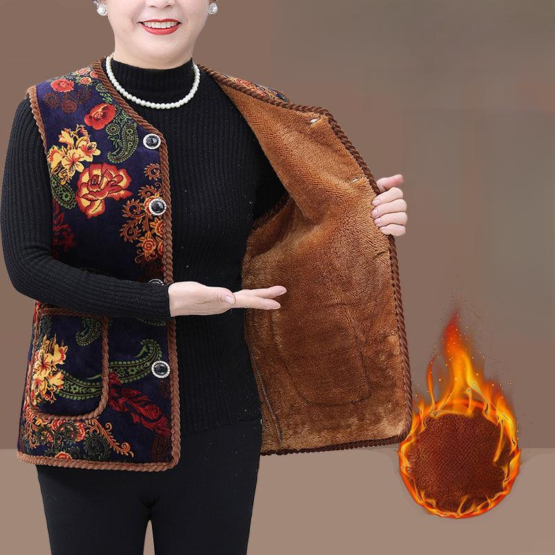 Fashion Middle Age Women Clothing Winter Plus Fleece Thicken Printing Chinese Style Vest Daily Home Thermal Sleeveless Vests