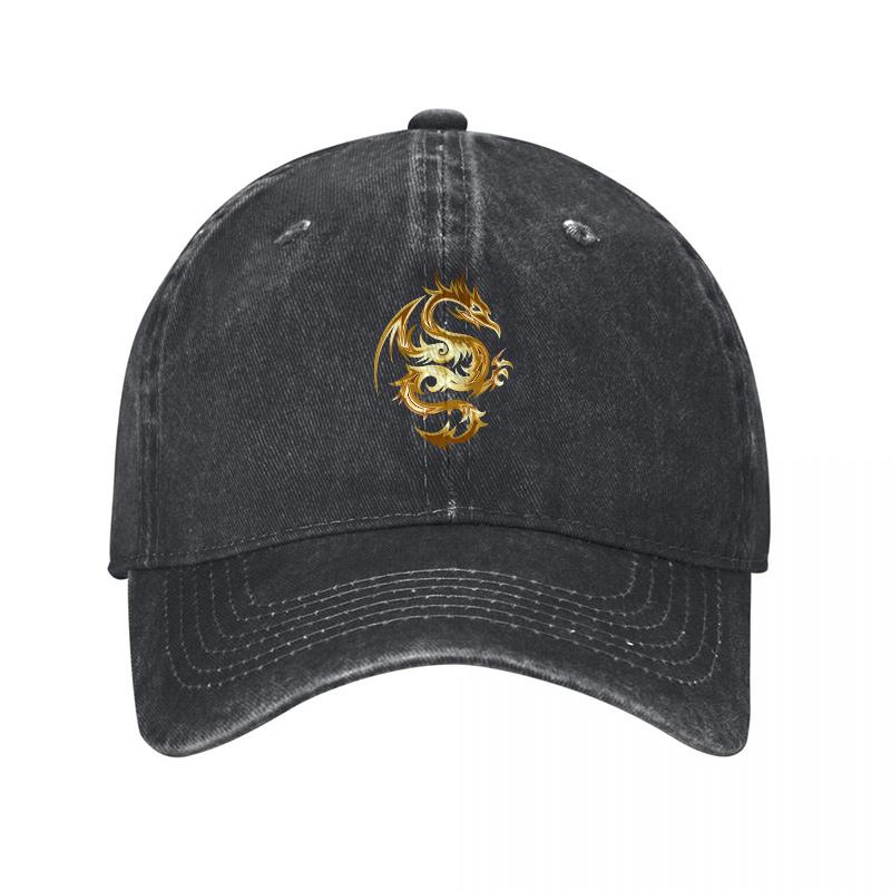 Golden Dragon Embroidered Washed Canvas Baseball Cap Vintage Adjustable Unisex Hat with Intricate Design Details