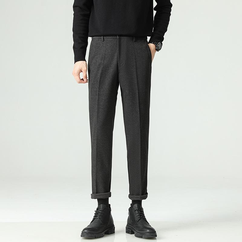 Autumn and Winter New Velvet Thickened Men's Drape Black Pants Small Trousers Men's Slim Straight Casual Pants
