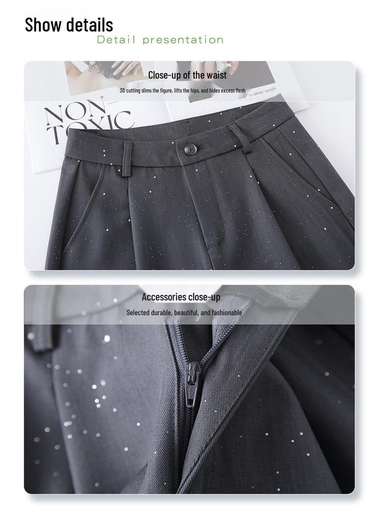 Women's Gray Wide-Leg Suit Pants: 2025 Spring/Summer Draping Straight-Leg Loose Trousers