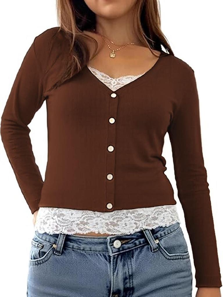 2025 Versatile V-neck Button Ribbed Lace Patchwork Long Sleeve Women's Top