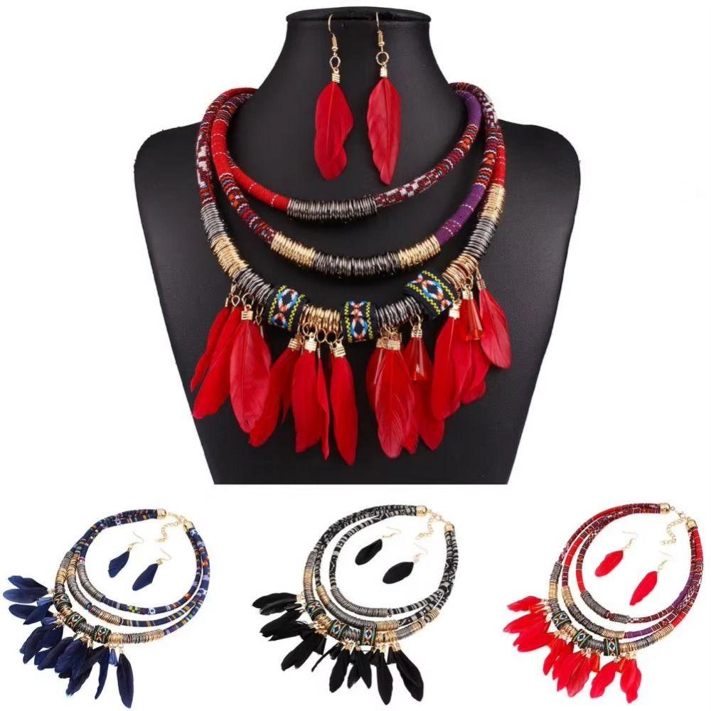 Fashion Bohemian Necklace Vintage Necklace Earrings Set Feather Tassel Necklace  Dating Accessories