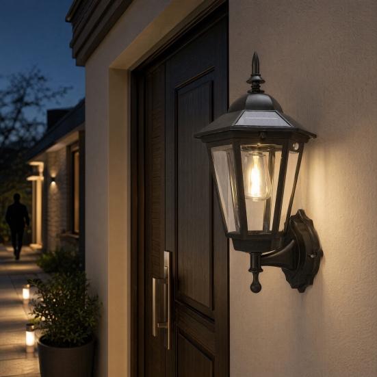 Solar Vintage Wall Light Motion Sensor Outdoor Sconce with Glass Shade Waterproof Garden