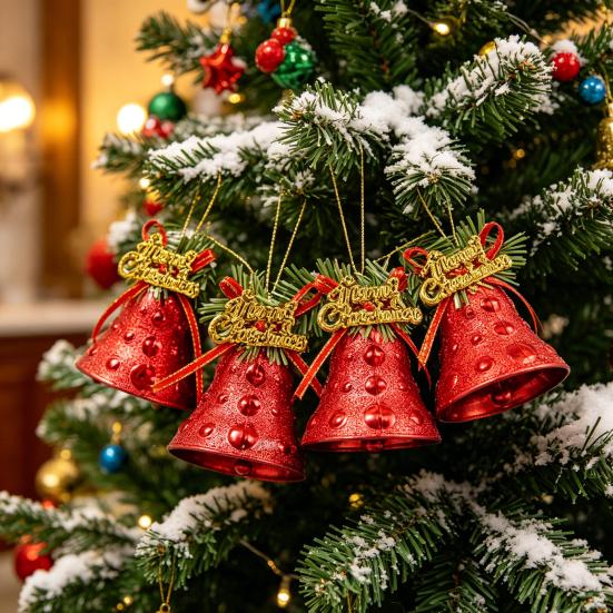 Thickened Electroplated Bell Christmas Ornament with Red Ribbon Bow, Small Jingle Gift Box Accessory Tree Hanging Decoration for Tree, Garland,